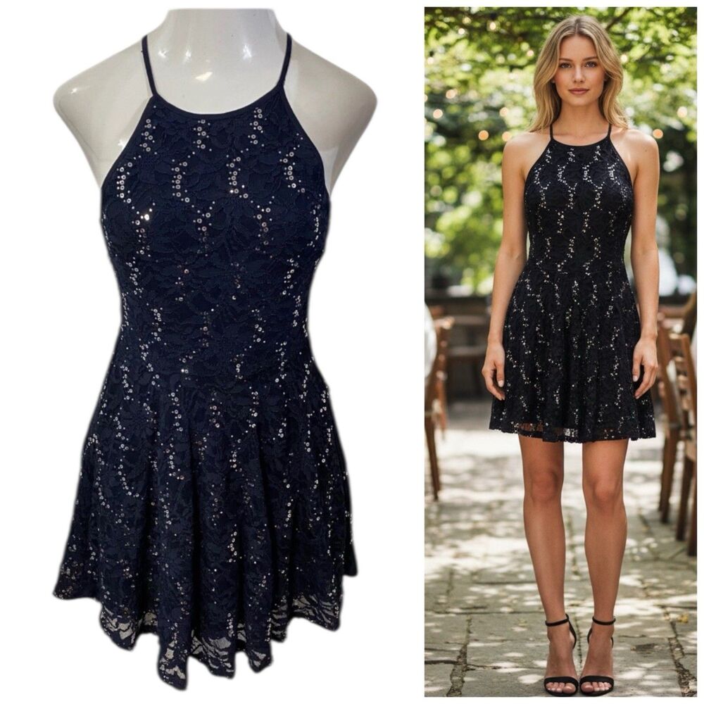 Emerald Sundae Dress Womens Large Lace Illusion Halter Fit Flare Navy Blue Party
